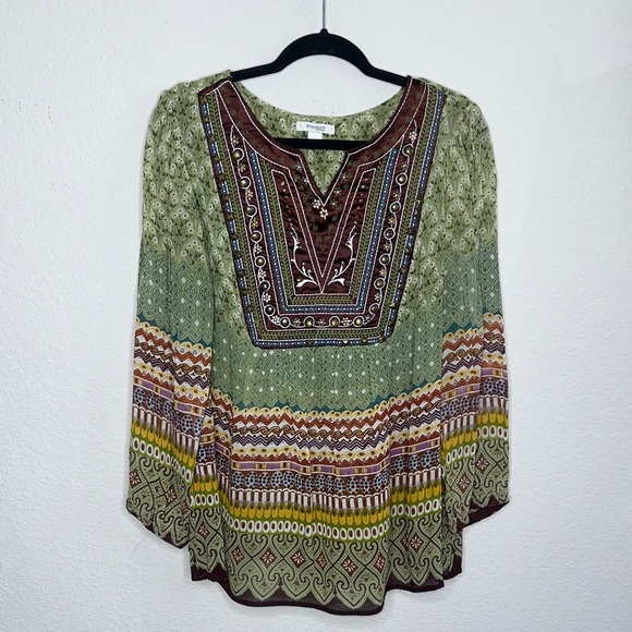 Dress Barn Green and Brown Patterned Blouse - Picture 1 of 8